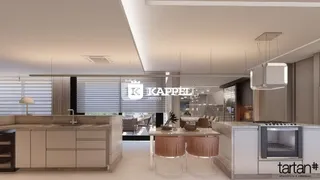 Cozinha moderna com armários e bancadas em um ambiente interno.