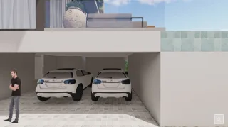 Foto da fachada de uma propriedade mostrando dois carros estacionados em uma área coberta.