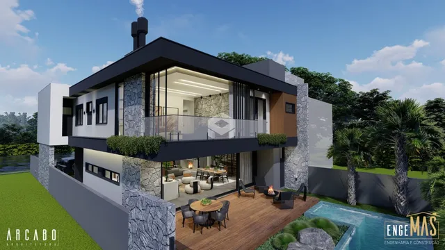 Fachada moderna de uma residência com varanda e piscina em Lajeado.