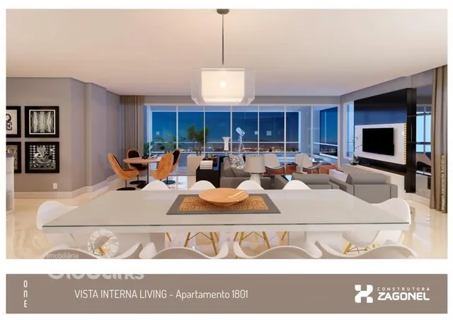 Ambiente interno moderno com mesa de jantar e vista para a paisagem.
