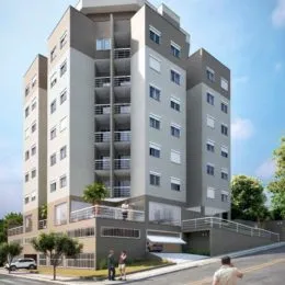 Foto da fachada de um prédio residencial de vários andares em Lajeado, Brasil.