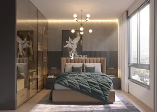 Quarto moderno com armários embutidos e vista para a janela.