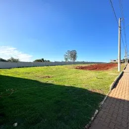 Vista externa de um gramado verde com árvores ao fundo.