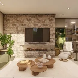 Sala de estar com lareira de pedra e decoração moderna.