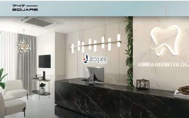 Ambiente interno de um consultório moderno com bancada escura.