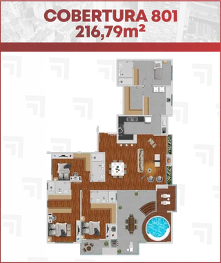 Planta baixa de um apartamento com área de lazer e piscina.