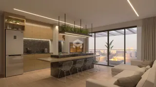 Ambiente moderno com cozinha integrada e vista para o exterior.