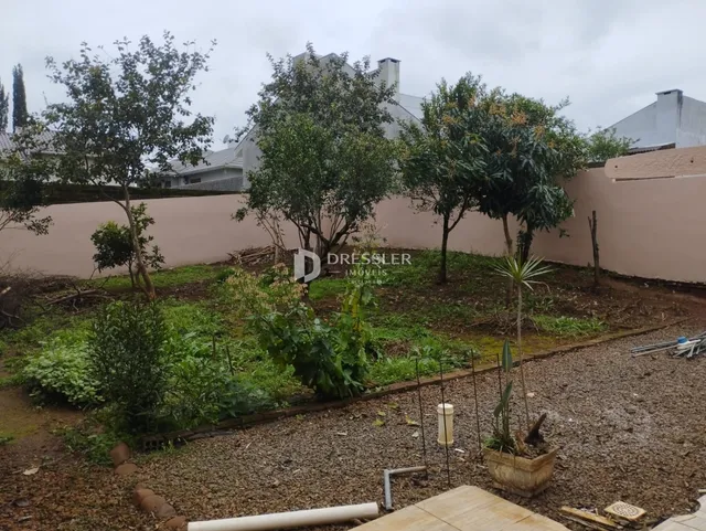 Vista externa do terreno com vegetação e muro de contenção.