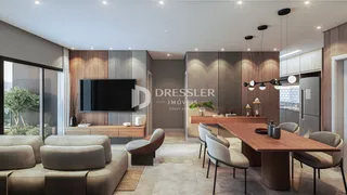 Sala de estar e jantar moderna com acabamentos em madeira.