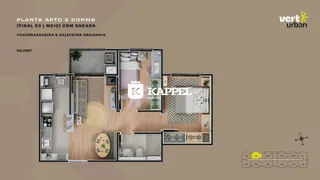 Planta baixa de um apartamento de dois dormitórios mostrando a disposição dos cômodos.