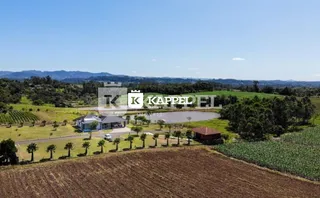 Vista panorâmica de campos agrícolas e vegetação ao fundo.
