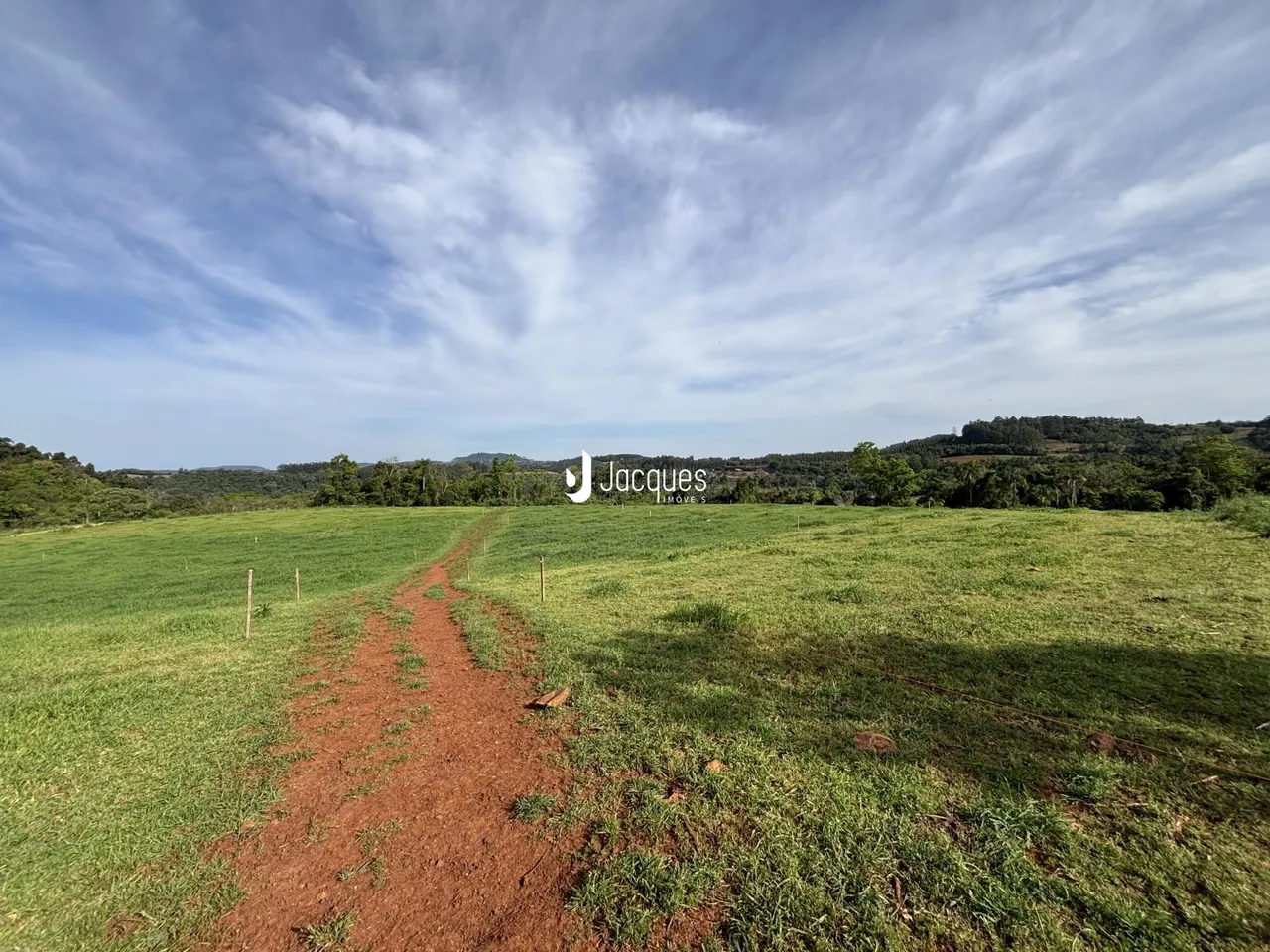 Vista de um campo verde com um caminho de terra atravessando a paisagem.