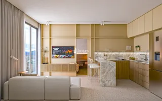 Sala de estar moderna com cozinha integrada e grande janela.