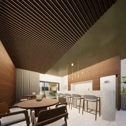 Ambiente interno com mesa de jantar de madeira e teto de ripas.