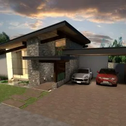 Fachada de uma residência com revestimento de pedra em Lajeado, Brasil.