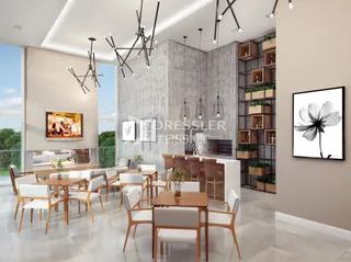 Sala de estar moderna com sofá e mesa de jantar em um apartamento.