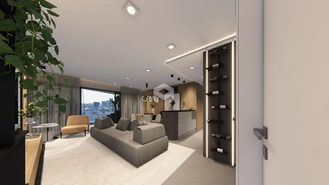 Sala de estar moderna com vista para a cidade.