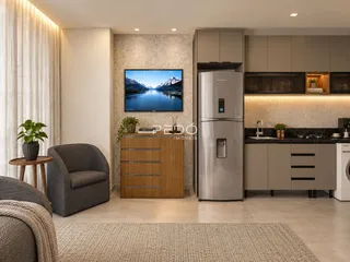 Sala de estar e cozinha moderna com grandes janelas e acabamentos neutros.