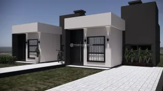 Fachada de uma casa moderna com paredes brancas e detalhes escuros em Lajeado, Brasil.