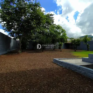 Vista externa de um terreno com árvores e solo de terra.