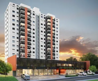 Fachada de um edifício residencial moderno em Lajeado, Brasil, ao pôr do sol.
