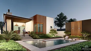 Fachada moderna de uma residência com piscina e paisagismo em Lajeado.