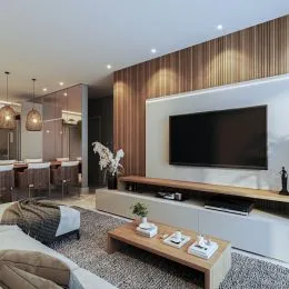 Sala de estar moderna com televisão de tela plana e painéis de madeira na parede.