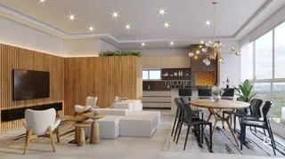 Sala de estar com painel de madeira e televisão na parede.