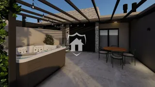 Vista de um ambiente externo com área de estar e mesa de jantar em uma residência.