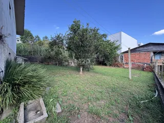Foto da fachada de uma propriedade com jardim gramado e árvores.