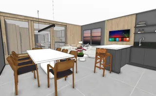 Uma sala de jantar com mesa e cadeiras de madeira.