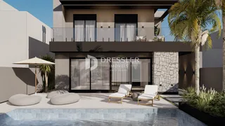 Fachada de uma casa moderna com piscina e área externa.