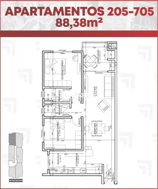 Planta baixa de um apartamento mostrando a disposição dos cômodos e dimensões.