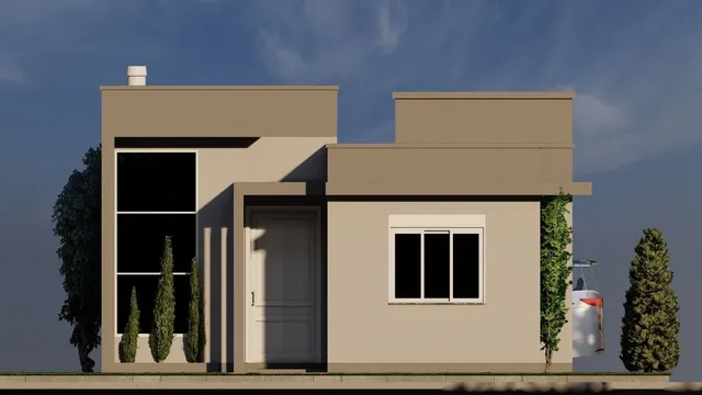 Fachada de uma residência moderna com revestimento bege em Lajeado, Brasil.