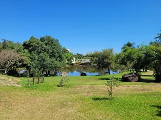 Paisagem de gramado com árvores e água em um ambiente externo.