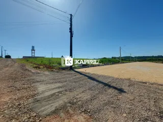 Vista externa de uma área de terra com estrada de terra e vegetação ao fundo.