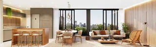 Sala de estar com vista para a cidade.