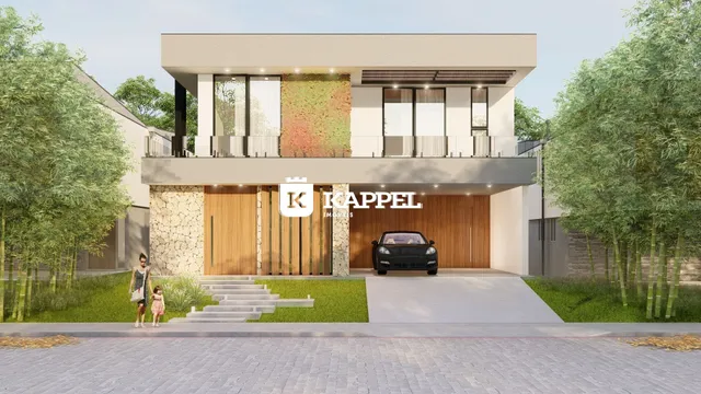 Fachada moderna de uma casa em Lajeado, Brasil, com jardim e garagem.