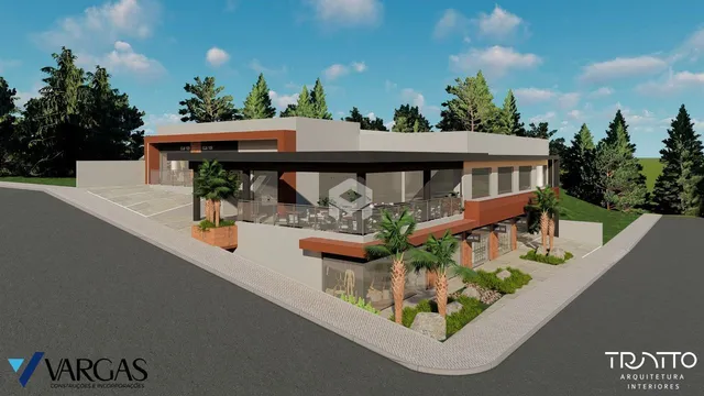 Fachada de uma residência moderna com varanda e jardim em Lajeado, Brasil.