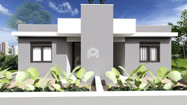 Fachada de uma casa moderna com jardim e deck em Lajeado, Brasil.