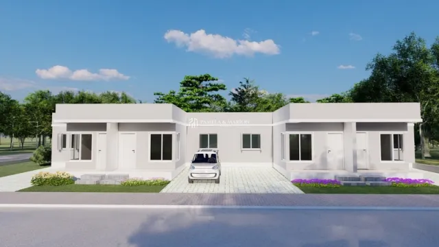 Fachada de uma casa moderna branca com paisagismo em Lajeado, Brasil.