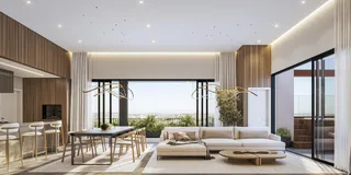 Sala de estar moderna com vista para a paisagem externa.