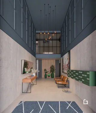 Hall de corredor interno de uma residência moderna.