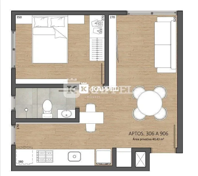 Planta baixa mostrando a distribuição dos cômodos de um apartamento.