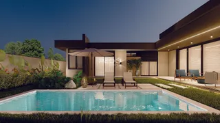Fachada de uma residência com piscina e jardim em Lajeado, Brasil.