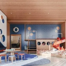 Foto de um interior com revestimento de azulejos azuis e brancos e painel de madeira.
