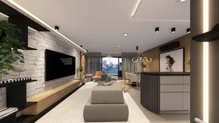 Sala de estar moderna com parede de tijolos e decoração contemporânea.
