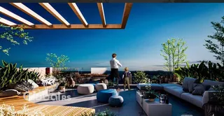 Vista panorâmica de uma varanda moderna com vista para o mar.