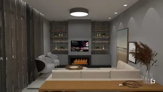 Sala de estar moderna com lareira e decoração de madeira.