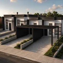 Área externa pavimentada com estrutura de pergolado.